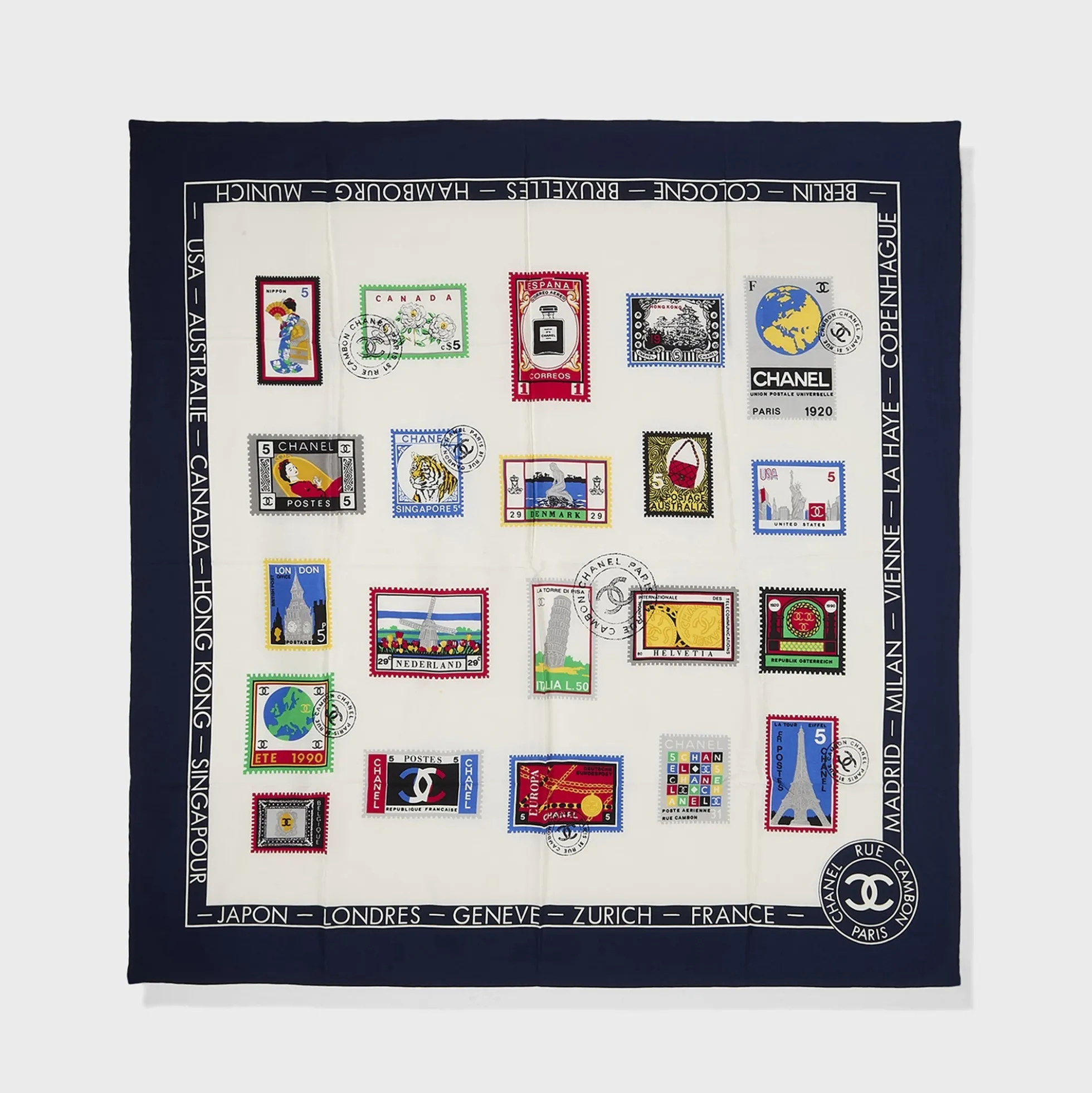 WGACA Chanel Stamps of The World Silk Scarf