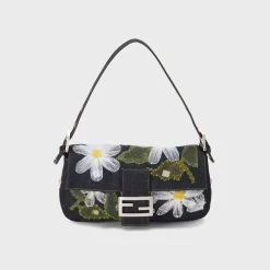 WGACA Fendi Denim Floral Embroidered Mama Baguette Shoulder Bag