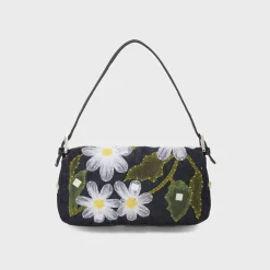 WGACA Fendi Denim Floral Embroidered Mama Baguette Shoulder Bag